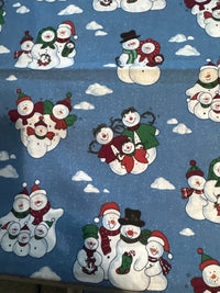 Vintage Snowmen and Clouds on Blue 100% Lightweight Cotton Price per Yard