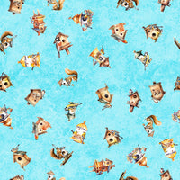 Birdsong Birdhouse Toss on Blue Aqua 100% Cotton