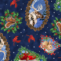 Navidad: Papá Noel y retratos de animales sobre fondo azul, 100 % algodón. Precio por yarda.