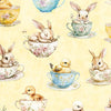 Easter Bunnies and Chicks in Teacups on Light Yellow