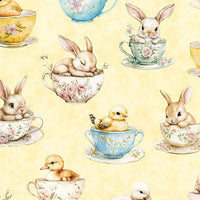 Easter Bunnies and Chicks in Teacups on Light Yellow