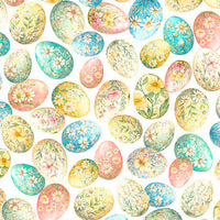 Huevos decorados para Pascua con motivos florales sobre fondo blanco