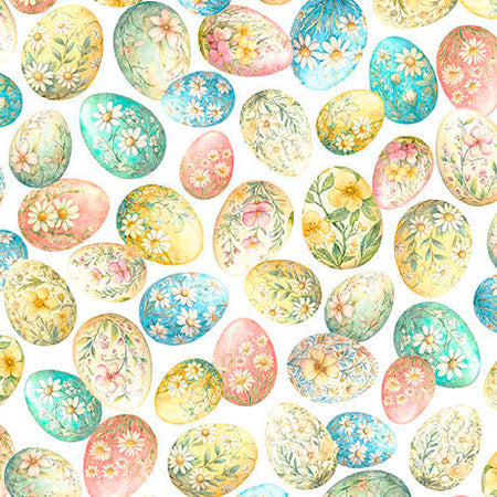 Huevos decorados para Pascua con motivos florales sobre fondo blanco
