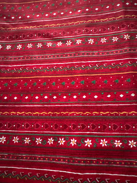 Tela vintage con motivos de poinsettia y rayas en forma de corazón sobre fondo rojo, 100 % algodón ligero. Precio por yarda.