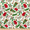 Poinsettias and Pinecones Ivory Gold on White Metallic 100% Cotton Price per Yard
