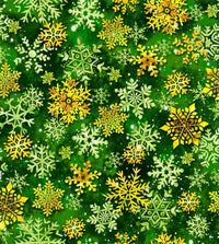 Copos de nieve sobre fondo verde, 100 % algodón