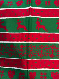 Navidad, estilo vintage, rojo, verde, copos de nieve, rayas blancas, 100 % algodón ligero. Precio por yarda.