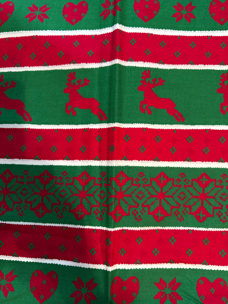 Navidad, estilo vintage, rojo, verde, copos de nieve, rayas blancas, 100 % algodón ligero. Precio por yarda.
