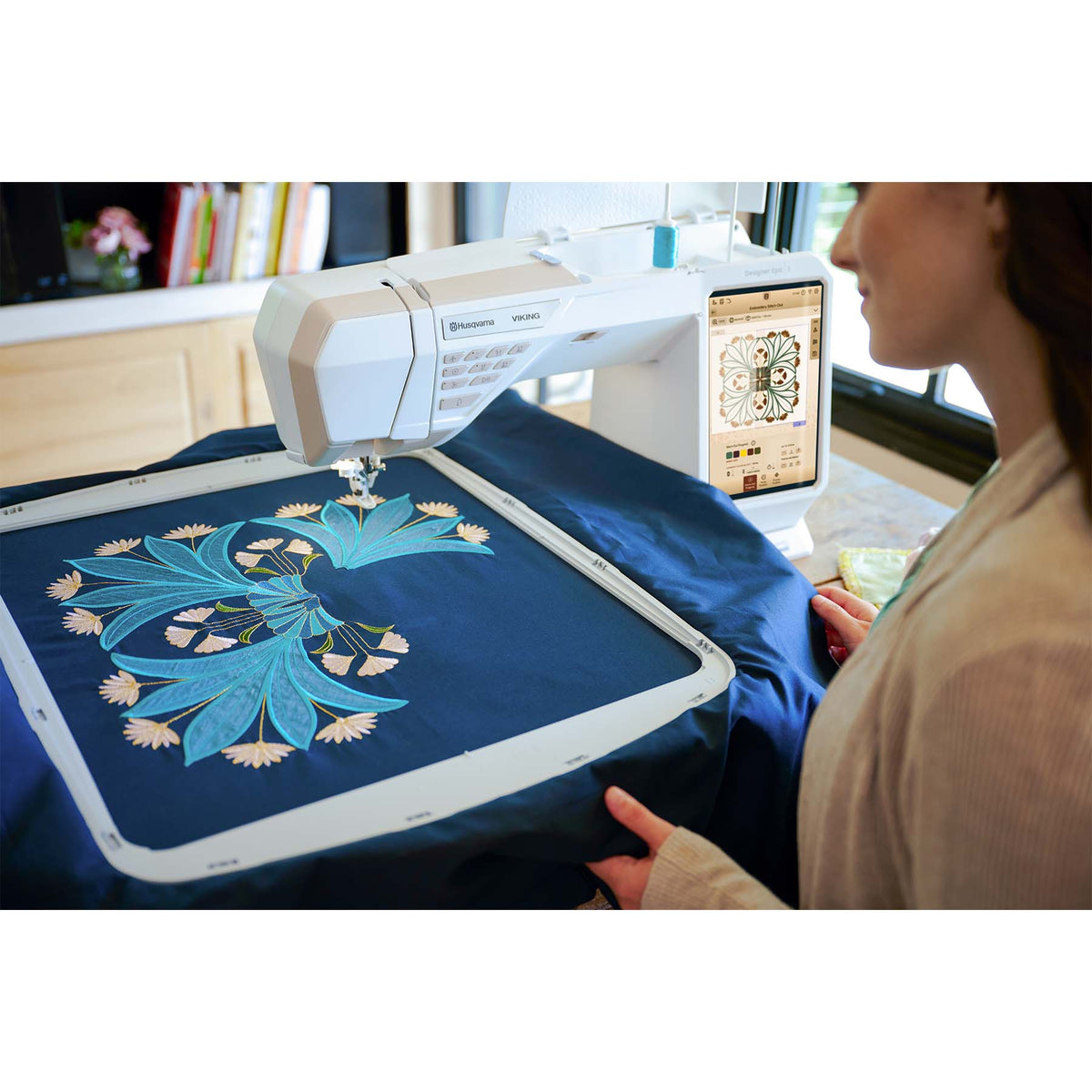 Large floral embroidery being stitched on the HUSQVARNA VIKING DESIGNER EPIC 3