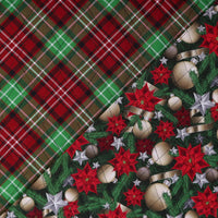 Adornos navideños dorados de doble cara y preacolchados con motivos de flores de pascua y cuadros, vendidos por yardas