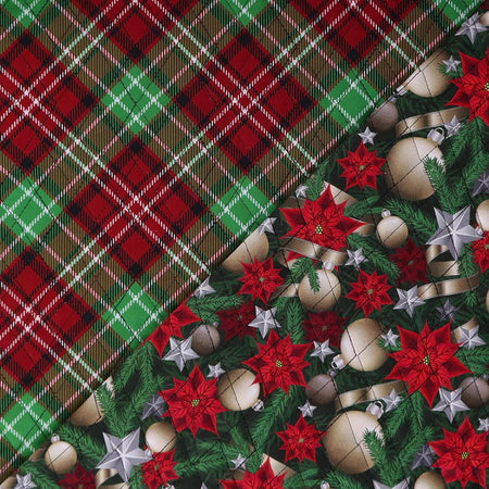 Adornos navideños dorados de doble cara y preacolchados con motivos de flores de pascua y cuadros, vendidos por yardas