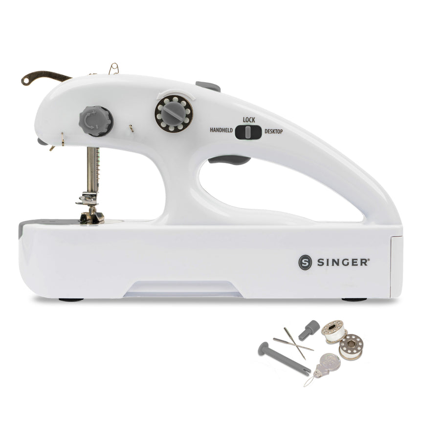 Manufacturer photo of the SINGER Stitch Quick+ D01774 handheld mending machine and included sewing notions