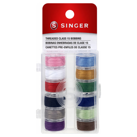 Bobinas roscadas SINGER® Clase 15 con estuche de almacenamiento, paquete de 12 unidades en colores surtidos