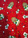 Motivo navideño vintage con leones y osos polares sobre fondo rojo, 100 % algodón ligero. Precio por yarda.