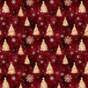 Árboles navideños dorados y copos de nieve sobre fondo rojo, 100 % algodón. Precio por yarda.