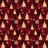 Árboles navideños dorados y copos de nieve sobre fondo rojo, 100 % algodón. Precio por yarda.