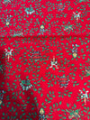 Jaulas de pájaros vintage y velas sobre fondo rojo, 100 % algodón ligero. Precio por yarda.