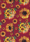Ramos de girasoles y calabazas sobre fondo burdeos, 100 % algodón. Precio por yarda.