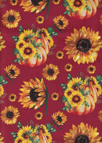 Ramos de girasoles y calabazas sobre fondo burdeos, 100 % algodón. Precio por yarda.