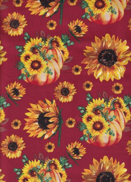 Sunflower Bouguets and Pumpkins on Burgundy 100% Cotton Price per Yard