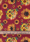 Ramos de girasoles y calabazas sobre fondo burdeos, 100 % algodón. Precio por yarda.