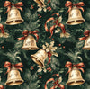 Christmas Gold Bells Holly Leaves on Green