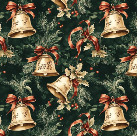Christmas Gold Bells Holly Leaves on Green