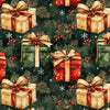 Regalos envueltos para Navidad con ramas de pino sobre fondo verde
