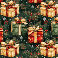 Christmas Wrapped Gifts Pine Branches on Green
