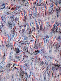 Tissu en fausse fourrure « Alaska Rainbow » à poils longs, motif animalier, rose/blanc/bleu / Vendu au mètre