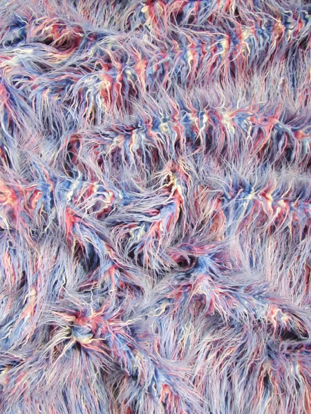 Tissu en fausse fourrure « Alaska Rainbow » à poils longs, motif animalier, rose/blanc/bleu / Vendu au mètre