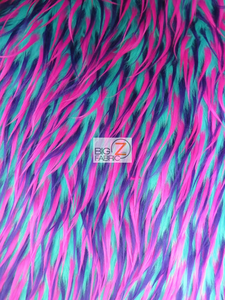 Tela de piel sintética de pelo largo y peludo con puntas, en tres tonos: rosa neón, morado y aguamarina / Se vende por yardas || color: rosa/morado/aguamarina
