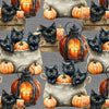 Gatos negros de Halloween en bolsas de arpillera sobre fondo gris, 100 % algodón