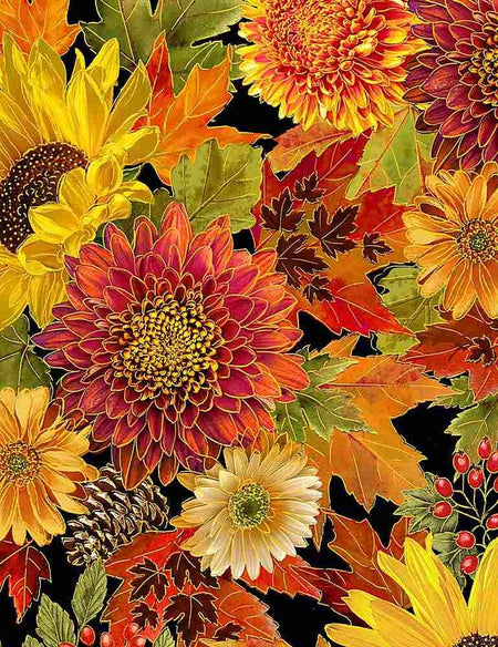 Packed Harvest Bouquet on Black Metallic 100% Cotton Price per Yard