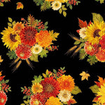 Ramo «Harvest» sobre fondo negro metalizado, 100 % algodón. Precio por yarda