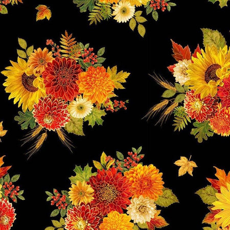 Harvest Bouquet on Black Metallic 100% Cotton Price per Yard