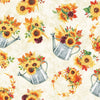 «Flores de otoño» metálicas en una regadera sobre fondo color crema, 100 % algodón. Se vende por yardas.