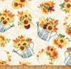 «Flores de otoño» metálicas en una regadera sobre fondo color crema, 100 % algodón. Se vende por yardas.