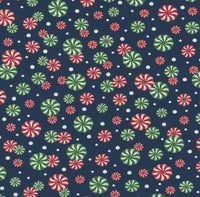 Christmas Red and Green Peppermints on Blue 100% Cotton Price per Yard
