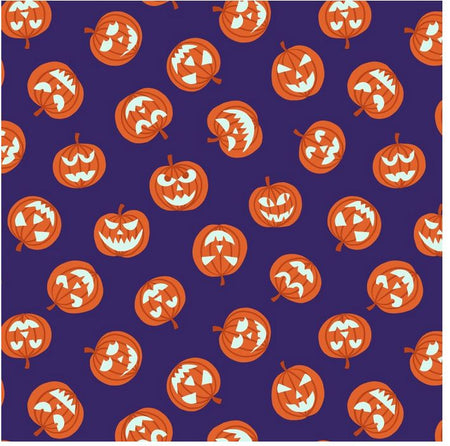 Calabazas de Halloween que brillan en la oscuridad sobre fondo morado, 100 % algodón