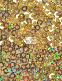 Tejido de malla de nailon con lentejuelas «Mini Disc» / Dorado brillante holográfico / Se vende por yardas