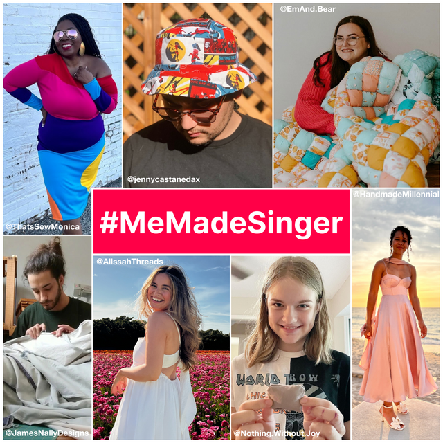 Collage of Singer Ambassadors and other creators who made clothing items with their Singer sewing machine and included #MeMadeSinger.