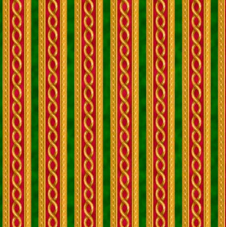 Rayas navideñas en rojo y verde sobre fondo dorado, 100 % algodón. Precio por yarda