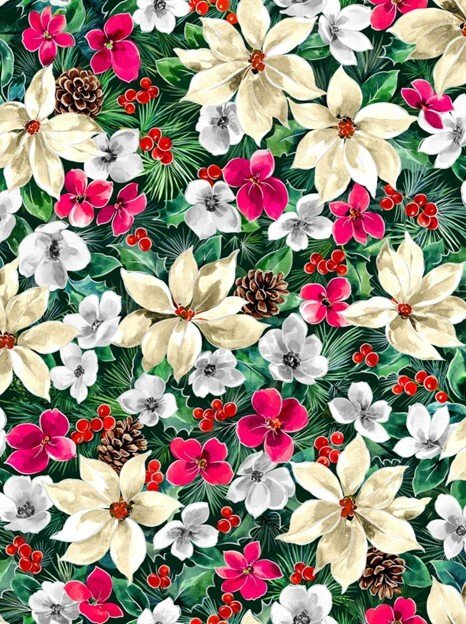 Poinsettia Pinecones on Green Teal 100% Cotton
