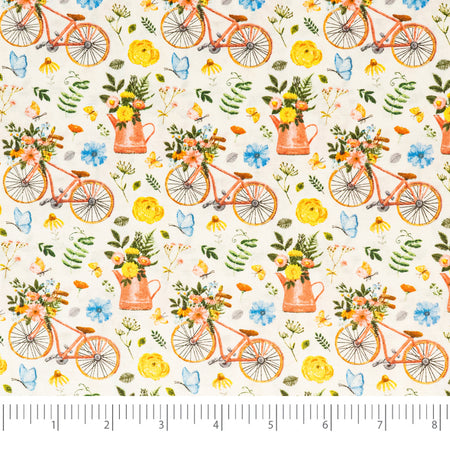 SINGER®  Fabric,  100% Cotton, 44 Inch Wide, Bikes And Gardening White, Cut by the Yard