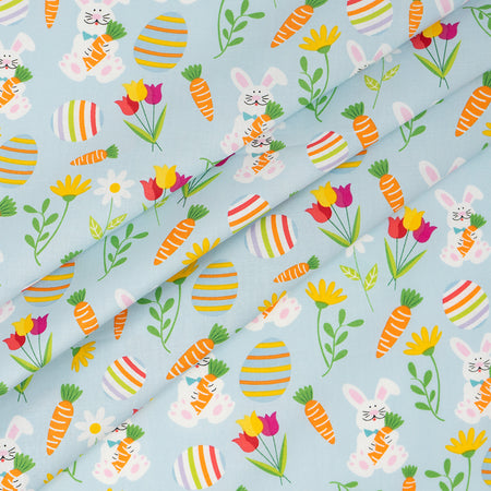 SINGER®  Fabric, 100% Cotton, 44 Inch Wide, Bunnies And Carrots On Blue, Cut by the Yard