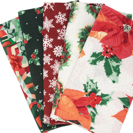 Tela SINGER®, 100 % algodón, 18 x 21 pulgadas, lote de 5 «fat quarters», diseño «Poinsettia»