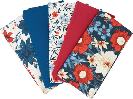 SINGER®  Fabric, 100% Cotton, 18 x 21 Inches, 5 Piece Fat Quarter Bundle, Patriotic Flowers