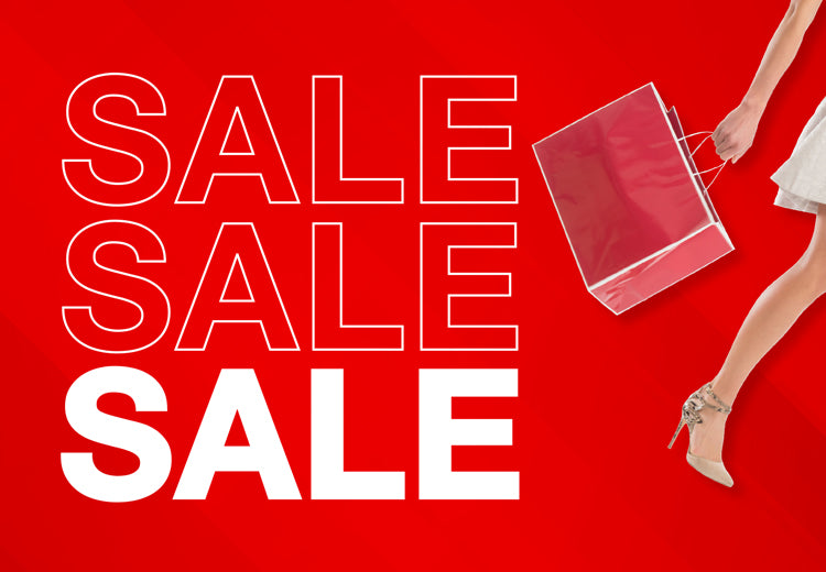 Red background with Sale Text and a female model holding a red sale bag.  