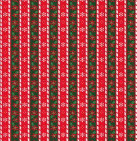 Tela 100 % algodón con motivos navideños: rayas, poinsettias y copos de nieve, en rojo y verde